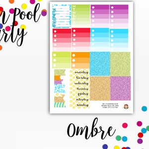 May include: A set of colorful planner stickers with a summer pool party theme. The stickers feature ombre colors, glitter, and a variety of designs, including a pool float, a pineapple, and a beach umbrella. The text "Summer Pool Party" is written in black cursive at the top of the sheet.