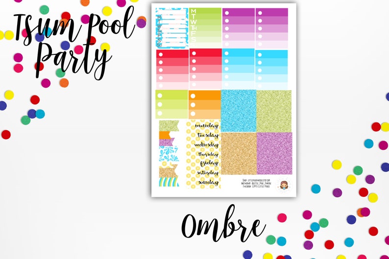 May include: A set of colorful planner stickers with a summer pool party theme. The stickers feature ombre colors, glitter, and a variety of designs, including a pool float, a pineapple, and a beach umbrella. The text "Summer Pool Party" is written in black cursive at the top of the sheet.