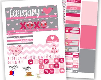 Februari Maandelijkse Planner Kit -Valentines Kit - voor gebruik met Erin Condren -Happy Planner - Harten Roze Rode Stickers