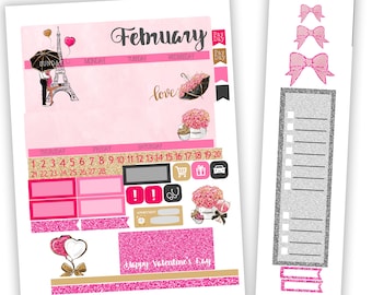 February Elegant Monthly Planner Layout Kit - Planner Stickers Valentine's Day - Pink Gold Heart - for use with Erin Condren - Happy Planner