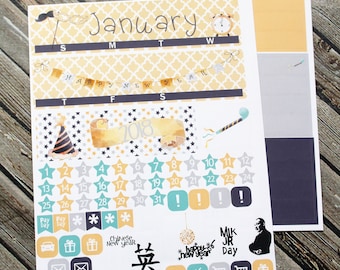 January Monthly Planner Kit -New Year Kit - for huse with Erin Condren - Happy Planner - Gold Silver Gray Stickers