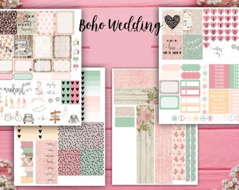 May include: A set of printable planner stickers with a boho wedding theme. The stickers feature floral patterns, hearts, and text like "Weekend", "My Day", and "To Do".