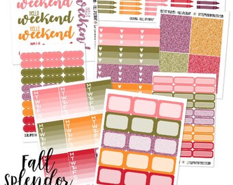 Fall Splendor Functional Themed Set - for use with Erin Condren - Happy Planner - Green Orange Red Pink