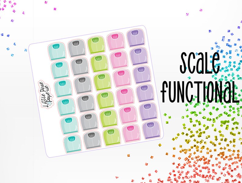 May include: A sheet of stickers featuring 25 illustrated scale icons in various colors, including teal, green, gray, pink, and purple. The stickers are arranged in a grid pattern and are labeled "SCALE FUNCTIONAL".