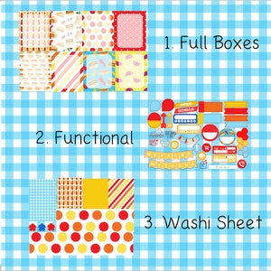 May include: A set of printable planner stickers with a hot dog theme. The stickers include full boxes, functional stickers, and a washi sheet. The stickers are in red, yellow, blue, and white.