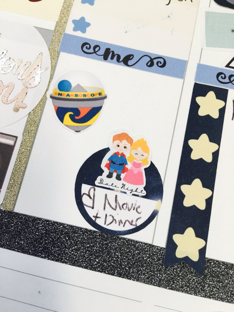 May include: A sticker with a cartoon couple in front of a blue circle with the text "Date Night Movie + Dinner". There are other stickers on the page, including a blue and yellow toy, a blue and white sticker with the text "SNEAKSCOPE", and five yellow stars on a blue background.