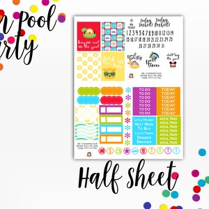 May include: A colorful set of planner stickers featuring a summer pool party theme. The stickers include a calendar, to-do lists, and fun illustrations of pool floats, sunglasses, and a character from the Disney movie "Tsum Tsum". The text "Today Today schedi Rochells" is included on the sticker sheet.