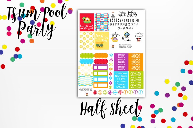 May include: A colorful set of planner stickers featuring a summer pool party theme. The stickers include a calendar, to-do lists, and fun illustrations of pool floats, sunglasses, and a character from the Disney movie "Tsum Tsum". The text "Today Today schedi Rochells" is included on the sticker sheet.
