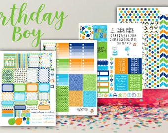 Birthday Boy Weekly Planner Sticker Kit - for use with Erin Condren - Happy Planner - Blue Orange Green - Birthday Celebration Kit - Party