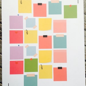 May include: A white sheet of paper with the text "little pixie paperie" at the top. The paper is divided into a grid of 18 squares, each containing a different colored sticky note. Some of the sticky notes have paper clips, push pins, or tape on them.