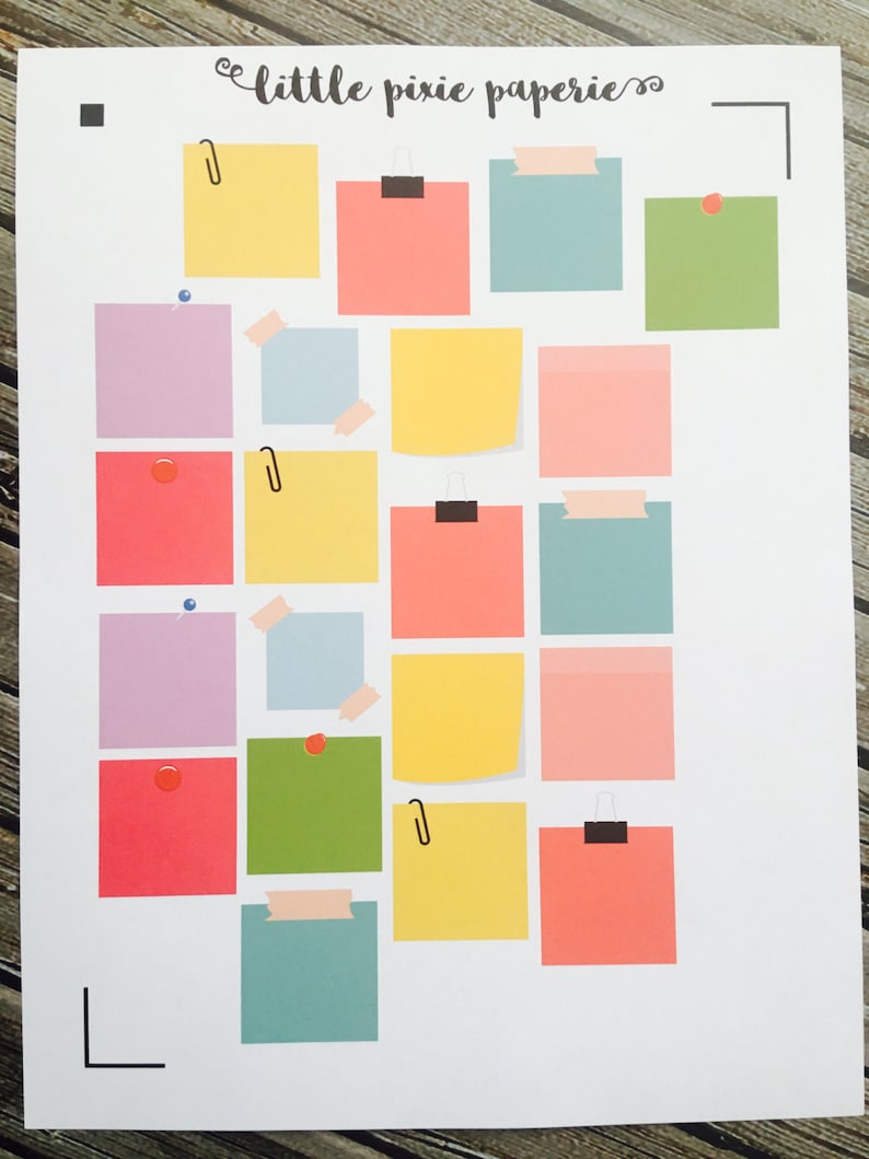 May include: A white sheet of paper with the text "little pixie paperie" at the top. The paper is divided into a grid of 18 squares, each containing a different colored sticky note. Some of the sticky notes have paper clips, push pins, or tape on them.