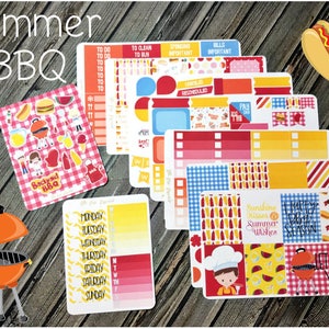May include: A set of colorful planner stickers with a summer BBQ theme. The stickers feature images of hot dogs, hamburgers, watermelon, grilling, and other summer BBQ related items. The stickers also include text such as "Sunshine Kisses Summer Wishes", "Happy BBQ Season", and "Let's Eat Y'all".