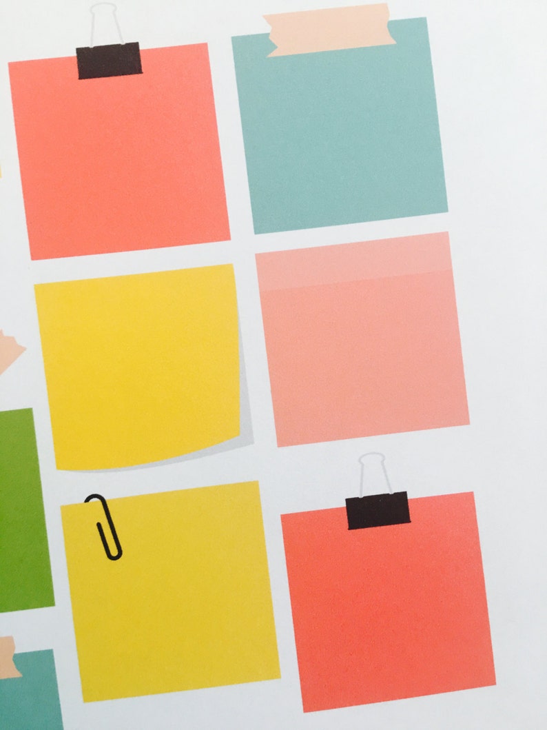 May include: A set of colorful sticky notes with paper clips and tape. The notes are in various colors, including yellow, pink, blue, and orange.