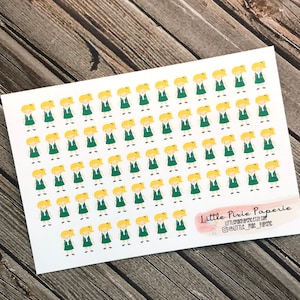 May include: A sheet of stickers featuring a repeated pattern of a girl wearing a green vest and a yellow ponytail. The stickers are on a white background. The text "Little Pixie Paperie" is in the bottom right corner of the sheet.
