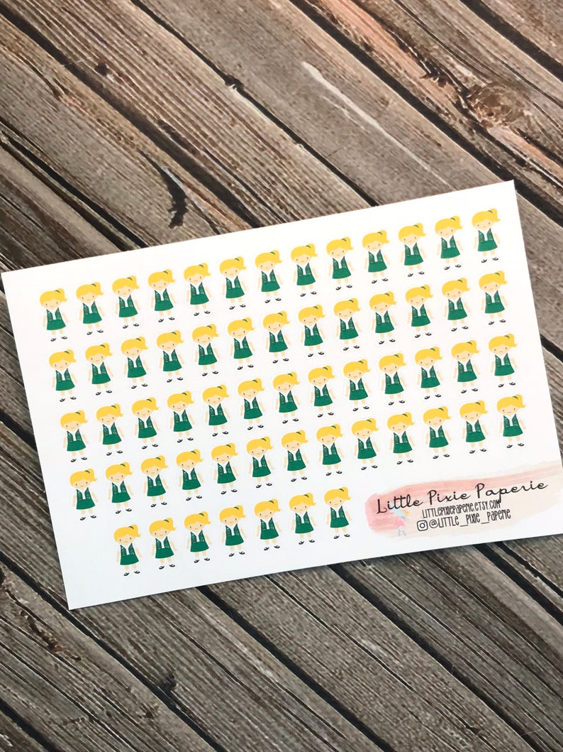 May include: A sheet of stickers featuring a repeated pattern of a girl wearing a green vest and a yellow ponytail. The stickers are on a white background. The text "Little Pixie Paperie" is in the bottom right corner of the sheet.