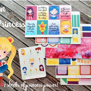 May include: Seven sheets of colorful stickers featuring a cartoon character with blonde hair and a blue and red outfit. The character is holding a wand with a crescent moon on top. The stickers include various phrases and images related to the character, including "I am sailor moon champion of justice" and "In the name of the moon, I will punish you!"