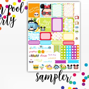May include: A colorful sampler sheet of Tsum Tsum stickers featuring Disney characters like Mickey Mouse, Minnie Mouse, Donald Duck, and Goofy. The stickers have a pool party theme with phrases like "Pool Hats Don't Care", "Dive Right In", and "Hello Weekend".