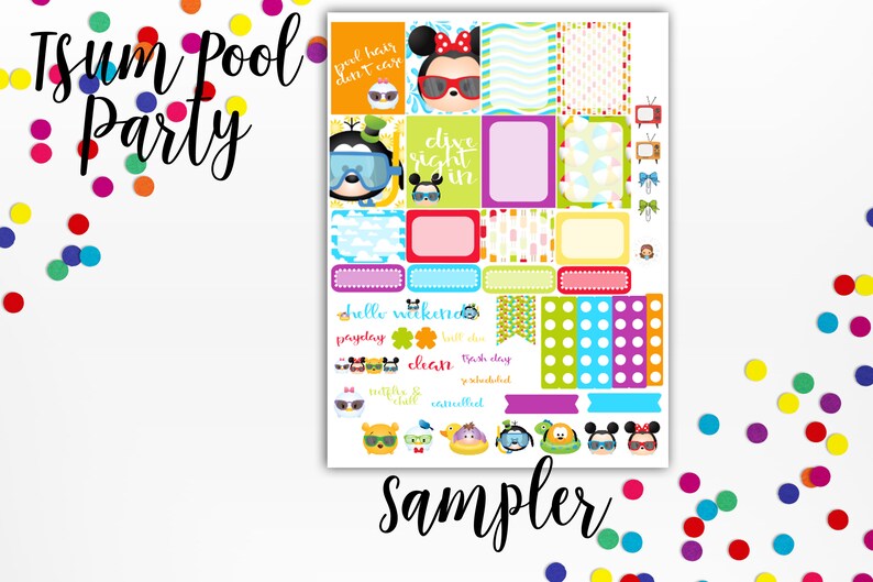 May include: A colorful sampler sheet of Tsum Tsum stickers featuring Disney characters like Mickey Mouse, Minnie Mouse, Donald Duck, and Goofy. The stickers have a pool party theme with phrases like "Pool Hats Don't Care", "Dive Right In", and "Hello Weekend".
