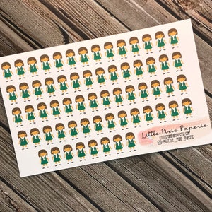 May include: A sheet of stickers featuring a repeated pattern of cartoon girl scout figures. The girls are wearing green vests, brown hair, and white scarves. The stickers are on a white background. The text "Little Pixie Paperie" is in the bottom right corner of the sheet.