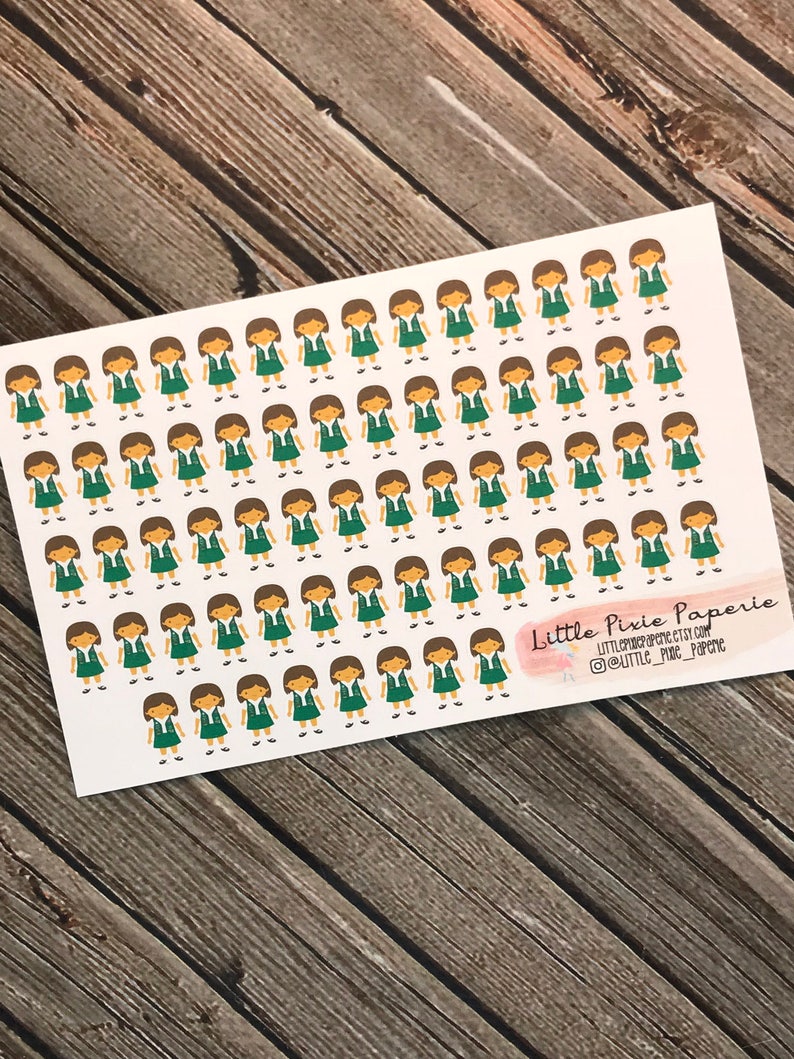 May include: A sheet of stickers featuring a repeated pattern of cartoon girl scout figures. The girls are wearing green vests, brown hair, and white scarves. The stickers are on a white background. The text "Little Pixie Paperie" is in the bottom right corner of the sheet.