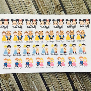 May include: A sheet of stickers featuring various Disney couples, including Mickey and Minnie Mouse, Belle and the Beast, and Cinderella and Prince Charming. Each sticker has the text "Date Night" printed below the couple.