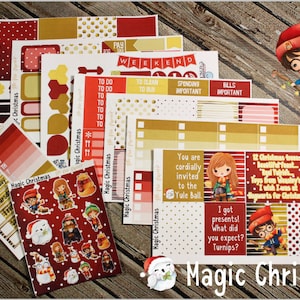 May include: A set of printable planner stickers with a Christmas theme. The stickers feature a red and gold color scheme with illustrations of a snowman, a wizard, and a Christmas tree. The text on the stickers includes "Magic Christmas", "You are cordially invited to the Yule Ball", and "12 Christmas trees... Bountiful feast... Toys from Weasley's... Hogwarts for Christmas."