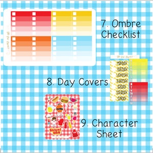 May include: A digital planner sticker set with a summer barbecue theme. The set includes ombre checklists, day covers, and character sheets. The stickers feature a variety of summer barbecue elements, including hot dogs, hamburgers, watermelon, and a grill.