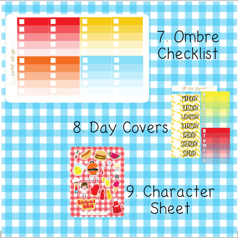 May include: A digital planner sticker set with a summer barbecue theme. The set includes ombre checklists, day covers, and character sheets. The stickers feature a variety of summer barbecue elements, including hot dogs, hamburgers, watermelon, and a grill.