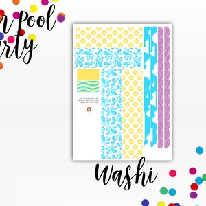 May include: A sheet of washi tape with a summer pool party theme. The tape features various designs, including yellow suns, blue water drops, and blue clouds. The text "Summer Pool Party" is written in black at the top of the sheet.