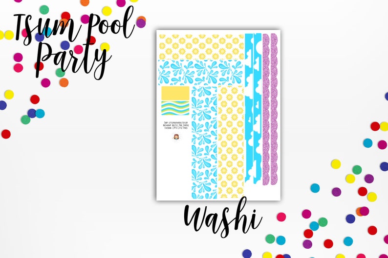 May include: A sheet of washi tape with a summer pool party theme. The tape features various designs, including yellow suns, blue water drops, and blue clouds. The text "Summer Pool Party" is written in black at the top of the sheet.