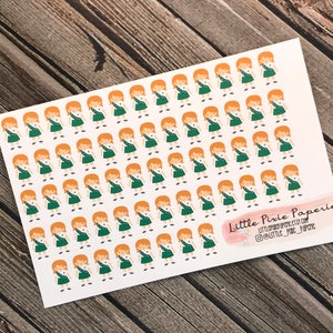 May include: A sheet of stickers featuring a repeated pattern of a girl scout in a green uniform and a white shirt. The girl scout has red hair and is smiling. The stickers are on a white background. The text "Little Pixie Paperie" is in the bottom right corner of the sheet.