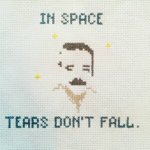 May include: Cross-stitch embroidery of a cartoon man with a mustache and a tear on his cheek. The text "IN SPACE TEARS DON'T FALL." is stitched below the image.
