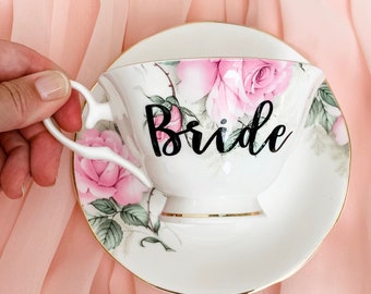 Dainty Pink Floral BRIDE Tea Cup & Saucer | Wedding Mug | Bride Mug | Pink Wedding Cup | Bridal Shower Gift | Wedding Morning Mug | Bride