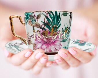 Custom Tea Cup Gift for Her | Personalized Floral Teacup and Saucer Gift | Gift for Tea Lover | Tea Gift for Wife | Mom Teacup Gift