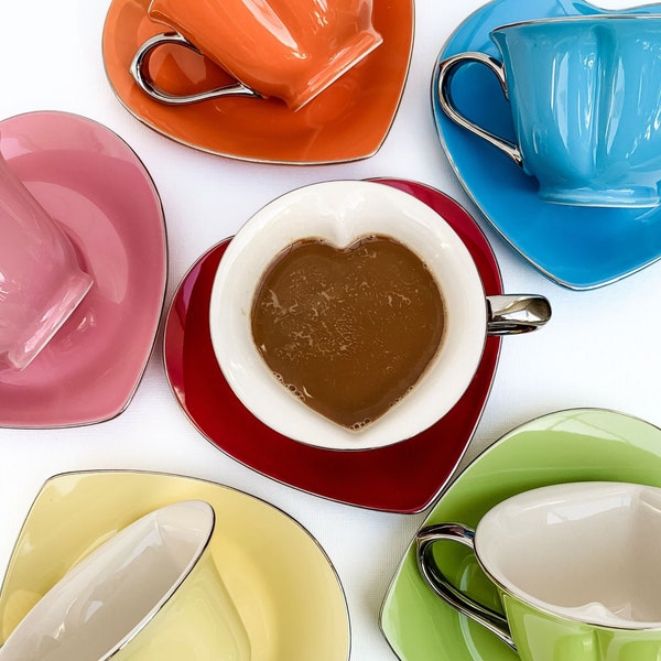 Pick Your Color! Heart-Shaped Teacup & Saucer | Tea Party Cups | Mom Teacup Gift | Gift for Grandma Teacup | Discount Teacup Lot | Heart Cup