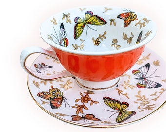 Orange Butterfly Tea Cup and Saucer | Monarch Butterfly Mug | Gift for Mom | Gift for Grandma | Butterfly Decor | Birthday Butterfly Cup