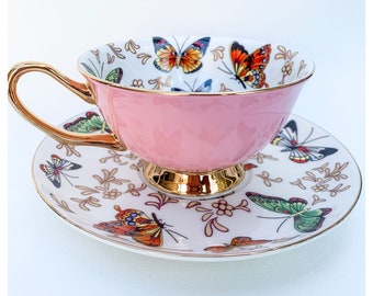 Pink Butterfly Tea Cup and Saucer | Monarch Butterfly Mug | Gift for Mom | Gift for Grandma | Butterfly Decor | Birthday Butterfly Cup