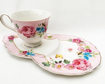 Springtime Floral Rose Tea Cup and Snack Plate Tea Cup | Tea Party Decor | Floral Teacup and Saucer | Tea Party Plates | Grandma Tea Gift