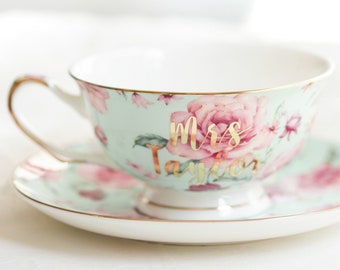 CUSTOM Tea Cup | Personalized Tea Cup and Saucer | Custom Coffee Mug | Teacup | Tea Cup Gift | Pink Tea Cup | Personalized Mug