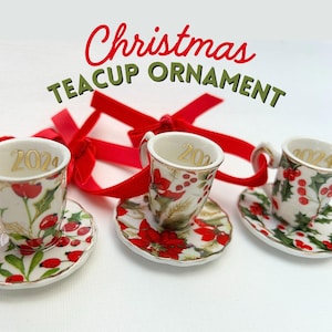 Christmas Teacup Ornament | Tea Cup Ornament | Mini Teacup Ornament | Christmas Teacup | Green and Red Teacup | Christmas Tea Party