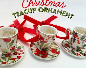Christmas Teacup Ornament | Tea Cup Ornament | Mini Teacup Ornament | Christmas Teacup | Green and Red Teacup | Christmas Tea Party