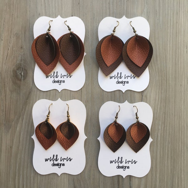 Faux / Vegan Leather Pebbled Metallic Pinched Petal Leaf Earrings Cafe Brown and Copper