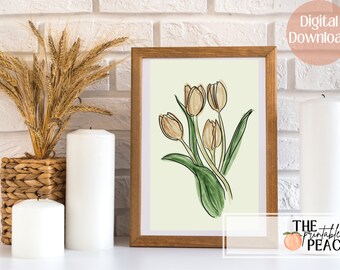 Peach Watercolor Tulips Instant Download, Digital Download, Tulip Wall Art, Printable Wall Art, Wall Art Download, Floral Art, Coral Art