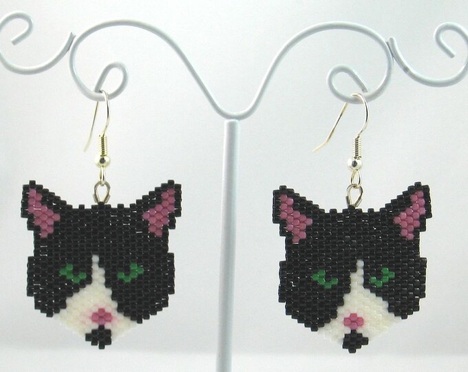 Beaded Black and White Cat Earrings Etsy