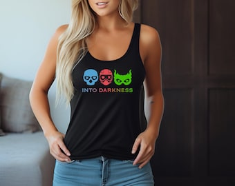 Top bez rękawów Into Darkness | Top z odkrytymi plecami | Top w stylu alternatywnym | Minimalistyczny top z grafiką | Letnia koszula z awangardą | Damski top bez rękawów