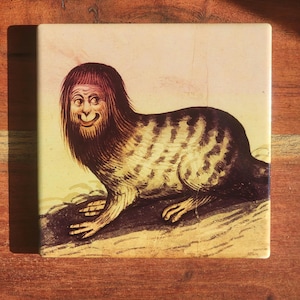 Puede incluir: Azulejo cer&aacute;mico cuadrado con una ilustraci&oacute;n vintage de una criatura m&iacute;tica, mitad humana, mitad foca. La criatura tiene pelo largo y una cara sonriente. El azulejo tiene un fondo crema y est&aacute; sobre una superficie de madera.