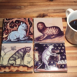 Posavasos de cerámica medievales con diseño de gato, juego de 4 piezas con base antideslizante de corcho. imagen 12