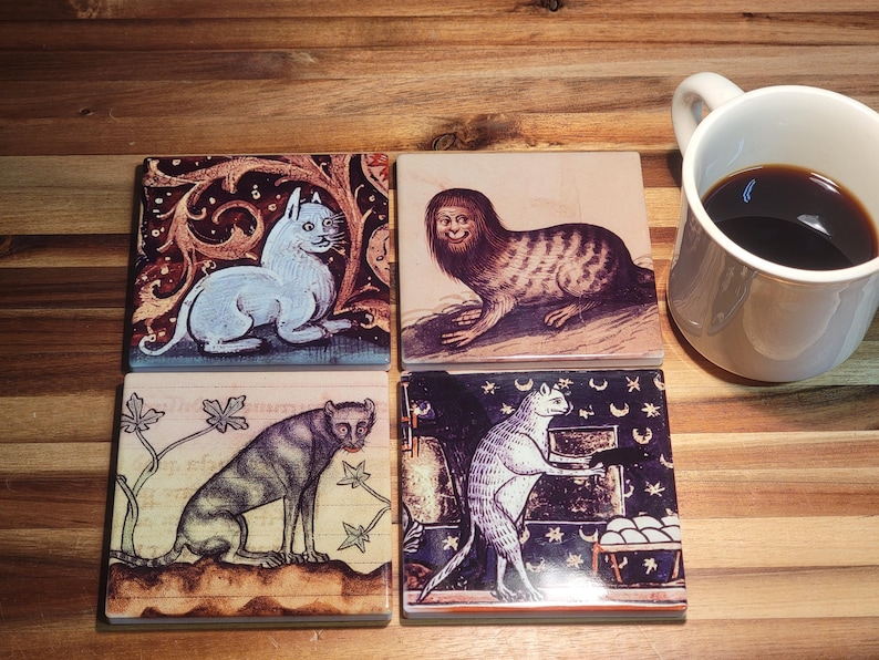 Posavasos de cerámica medievales con diseño de gato, juego de 4 piezas con base antideslizante de corcho. imagen 12