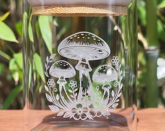 4 Unzen Blumenpilz Kleines Glas mit Bambus Deckel Behälter Laser graviert