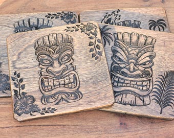 Lasergravierte Holz Tiki Untersetzer - 4er Set